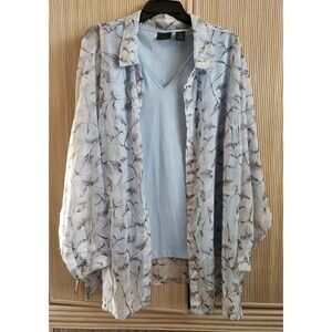 Laura Scott Women's 26W Blouse Tank Set Sheer Blue Gray Floral Button-Up V-Neck